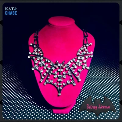 NWT Betsey Johnson Bat Statement Necklace Rhinestone Black Bib Wing Halloween - Image 1 of 4