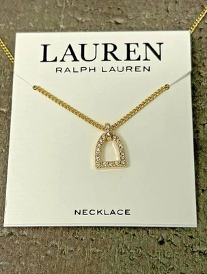 NEW Lauren Ralph Lauren Pave Stirrup Pendant Necklace 16”+3" Gold Tone  Crystal - Image 1 of 4