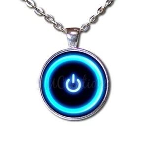 Computer Power Button Handmade Round Glass Pendant Necklace Geek Wear Tech Savvy - Picture 1 of 10