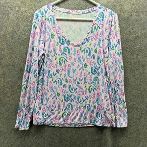 Lilly Pulitzer Shirt Womens Medium Pink Blue Pajama Knit Long Sleeve Top Mermaid - Picture 1 of 11