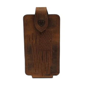 New! Ariat BROWN LEATHER CELL PHONE CASE w/ Distressed American Flag design - Picture 1 of 1