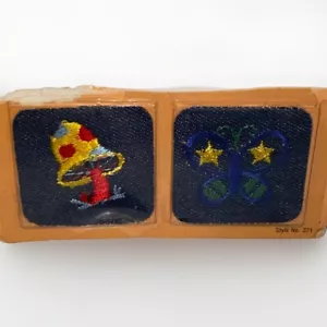 Vintage Colorful Embroidered Denim Patches by Pentapco 2" Butterfly & Mushroom - Picture 1 of 6