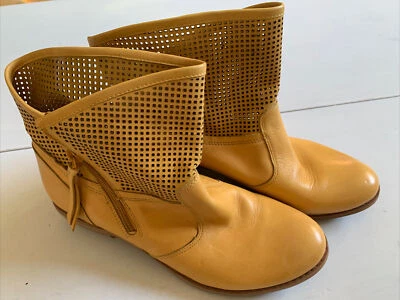 Fergie Mantra Perforated Leather Ankle Boots Corn Yellow Size 8 Zip Up Low Heel - Image 1 of 4