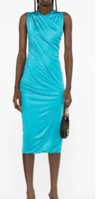 全新带标签 Versace 绿松石褶皱无袖迷笛连衣裙,尺寸 40 美国,尺寸 4,MSRP $2925 — 第 1/4 张图片