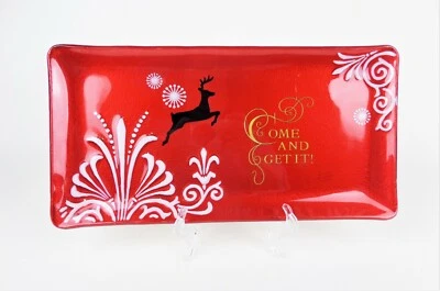 Bandeja de Plato de Navidad de Vidrio Rojo Rectángulo ¡Ven a Consíguelo! Copos de nieve de reno Foto 1 de 4