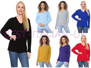 WOMEN LONG SLEEVE CABLE KNITTED CABLE JUMPER LADIES V NECK WINTER SWEATER TOP UK - Picture 1 of 22