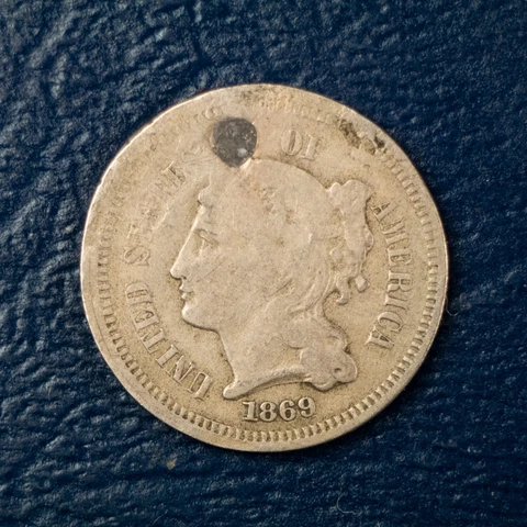 1869 Three Cent Nickel, VG Details, Partially Holed, Obsolete US Coin #25 Cover