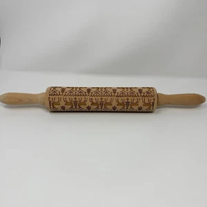 Christmas Rolling Pin Engraved Carved Wood 15" Embossing Baking Deer Christmas - Picture 1 of 9