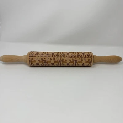 Christmas Rolling Pin Engraved Carved Wood 15" Embossing Baking Deer Christmas - Image 1 of 4