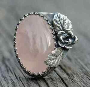 Rose Quartz Gemstone Ring 925 Sterling Silver Women's Ring Flower & Leaf Ring