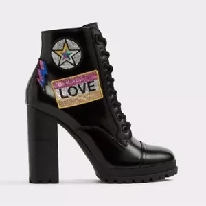 ALDO Glitteratti Black High Heel Lace Up Combat Boots 8.5 Patchwork Biker Ankle - Picture 1 of 10