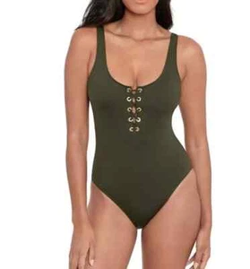 Lauren Ralph Lauren Womens Laced-Up One-Piece Swimsuit, Olive Green - Picture 1 of 11