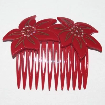 Vintage Flower Shape Hair Side Comb Sparkly Girl Red White Yellow Made in France - Image 1 of 3