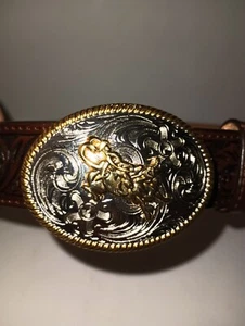 3D Leather Western Belt Size 28 Silver Gold Bull Rider Buckle Longhorn  - Picture 1 of 9