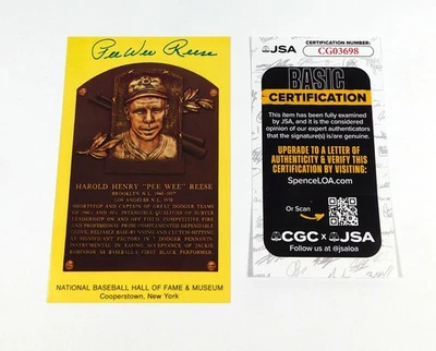 Placa postal amarilla firmada por Pee Wee Reese Salón de la Fama Dodgers JSA automática Foto 1 de 2