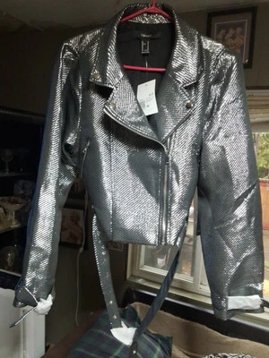 #004 Forever 21 Jacket Motorcycle silver Black New With Tags Size M - Image 1 of 4