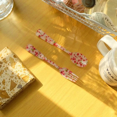 Vintage Besteck Set Dessertgabel Löffel kariert floral französisch elegant - Bild 1 von 4