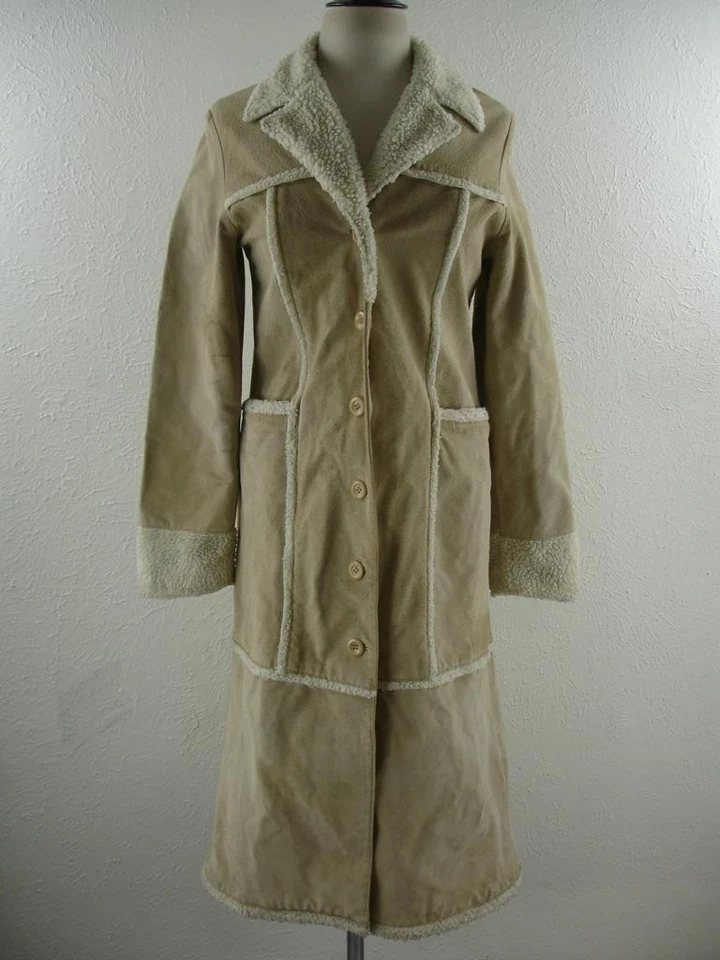 Abrigo largo de cuero de gamuza tostado con sello húmedo talla M ribete forrado de sherpa largo completo para mujer Foto 1 de 4