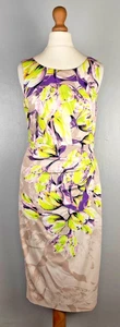 Karen Millen Dress 10 Beige Floral Sleeveless Pencil Lace Neon Purple Yellow - Picture 1 of 9