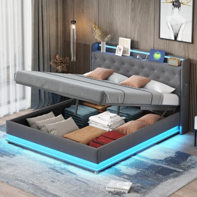 160x200cm Upholstered Bed Hydraulic LED Double Bed with Headboard, USB Charger - Image 1 of 4