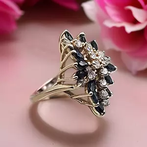 Anillo Cascada Norte Sur Diamante Zafiro Oro 14k Declaración Cóctel Arte a Mano - Imagen 1 de 7