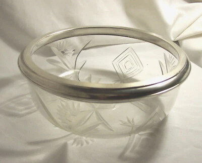 Ancienne COUPE verre CRISTAL cerclage ARGENT massif  ART DECO saladier - Photo 1/4
