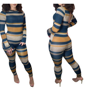 New Women Stylish Long Sleeves Stripe Print Patchwork Bodycon Club Jumpsuit
