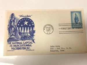 US Postal  FIRST DAY COVER. NATIONAL CAPITAL   150 YEARS  1950 - Picture 1 of 2