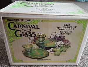 NOS Indiana Glass Co Carnival Iridescent Lime Harvest Pattern 8 Pc Snack Set - Picture 1 of 7