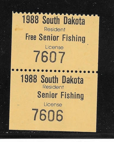 South Dakota 1988 Senior Fishing License Pair with Error MNH Cover