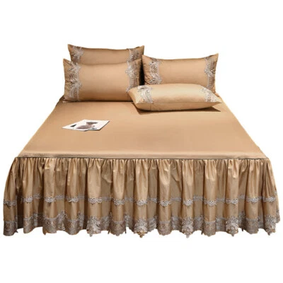 Luxury Satin Cotton Lace Bedspread Ruffles Bed Skirt Queen Full King Bed Sheets - Image 1 of 4