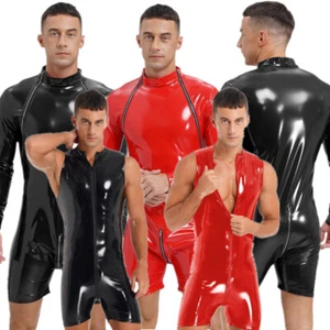 US Mens Wet Look Leather Front Zipper Leotard Bodysuit Catsuit Jumpsuit Clubwear - Picture 1 of 41