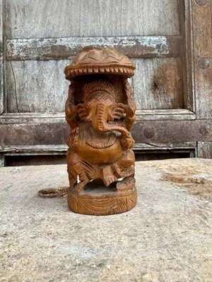 Antigua estatuilla de madera rara tallada a mano de colección del dios hindú Ganesha Foto 1 de 4
