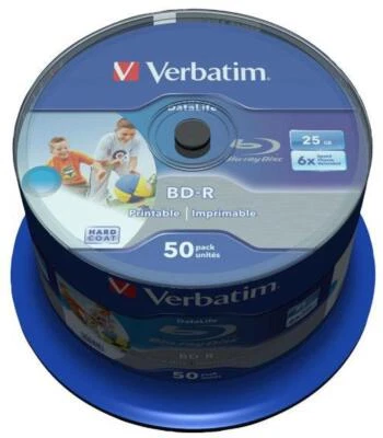 6x Speed BD-R SL Wide Inkjet Printable Blank Blu-ray Discs 50 Pack VERBATIM - Image 1 of 2
