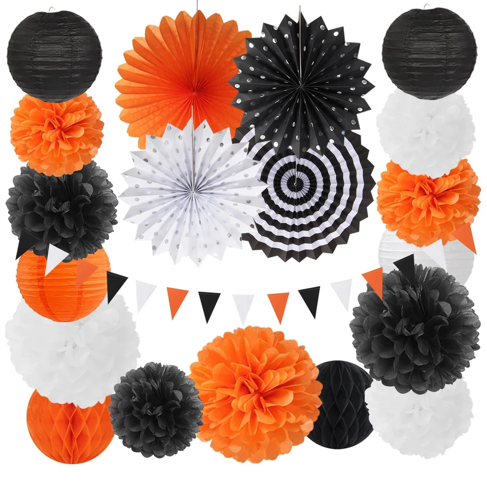 Naranja-Negro Blanco Fiesta-Decoraciones Papel-Flores Linternas - 20 PIEZAS Halloween... Foto 1 de 4