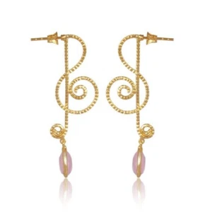 18K Yellow Gold Spiral Design Drop Gemstone Earring Dotted Spiral Dangle Earring - Picture 1 of 4