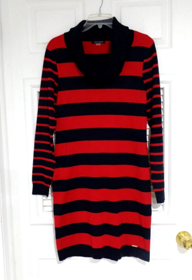 Tommy Hilfiger Women's Navy Blue Red Stripe Funnel Turtleneck Sweater Dress Sz M - Image 1 of 4
