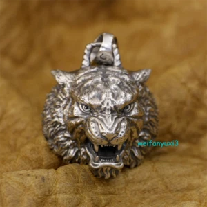 925 Sterling Silver High Details Tiger Pendant Mens Biker Punk Pendant Necklaces - Picture 1 of 21