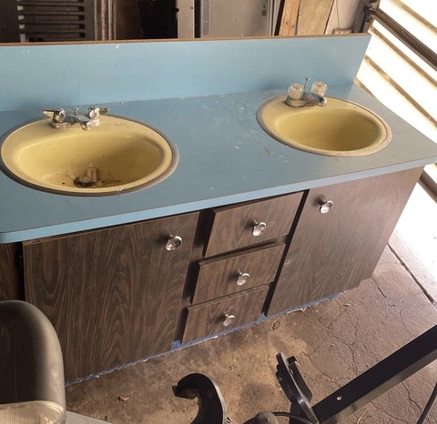 2 Vintage American Standard Cast Iron Bathroom Sinks With Original Blue Counter Cover