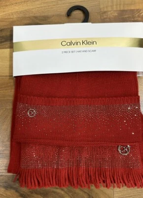 Calvin Klein Women's Red With Sparkle 2 piece Hat and Scarf Set NEW - Image 1 of 4