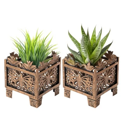 Juego de 2 Soportes para Plantas Exterior Cuadrados Mariposa Decorativos Bronce Patio Foto 1 de 4