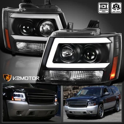 Fits 2007-2014 Chevy Suburban Avalanche Tahoe Black Projector Headlights LED Bar - Image 1 of 4