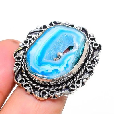 Blue Botswana Agate Gemstone Ring Handmade Antique Design Jewelry 7" FR 1162 - Image 1 of 4