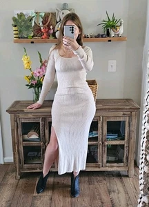 ASTR The Label Cream Ribbed Knit Midi Dress Long Sleeve Slit Size M Preppy Y2k - Picture 1 of 7