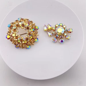 Vintage Gold Tone Aurora Borealis Rhinestone Brooch Lot – Round Wreath & Starbu - Picture 1 of 6