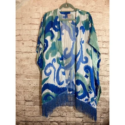 Chico's Silk Kimono Top One Size Cobalt & Turquoise Fringe Artsy Watercolor - Image 1 of 4