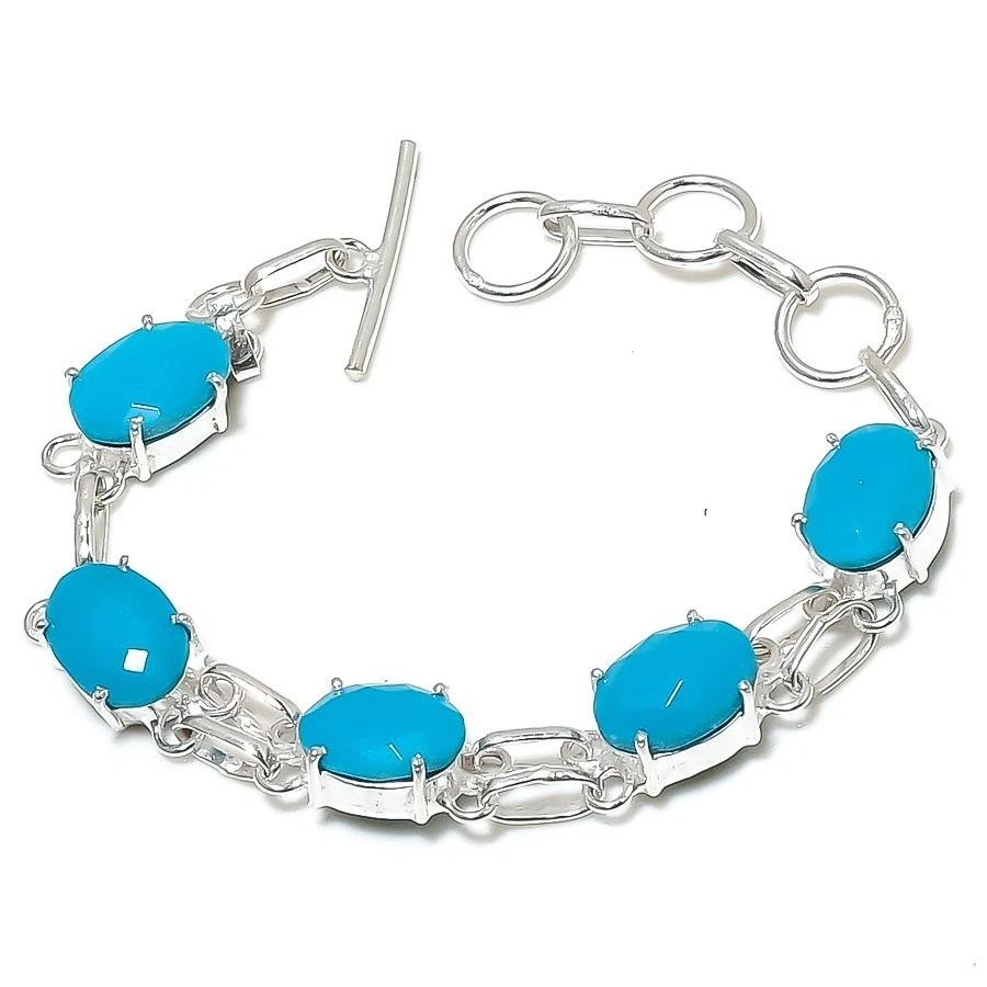 Blue Turquoise Gemstone Handmade 925 Sterling Silver Bracelet Size 7-8" - Image 1 of 1