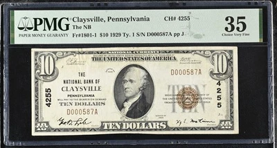 1929 $10 Dollar National Currency Banknote of Claysville PA #4255 PMG 35 - Image 1 of 2