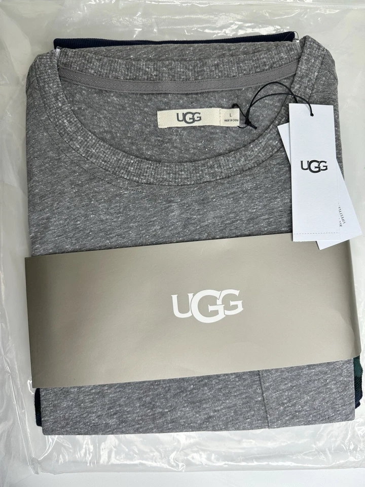 UGG 男式 Jett 睡衣套装灰色希瑟 T 恤和绿色格子慢跑裤 L 码 — 第 1/4 张图片