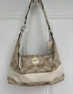 Coach Signature Light Tan Canvas Leateher Trim Stripped Zipper Hobo Shoulder Bag - Picture 1 of 15